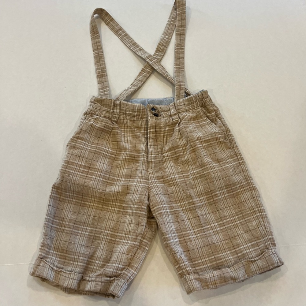 Cyrillus Kid’s Bermuda Shorts Size 5 Y Linen Cotton Tan Suspenders Adjustable